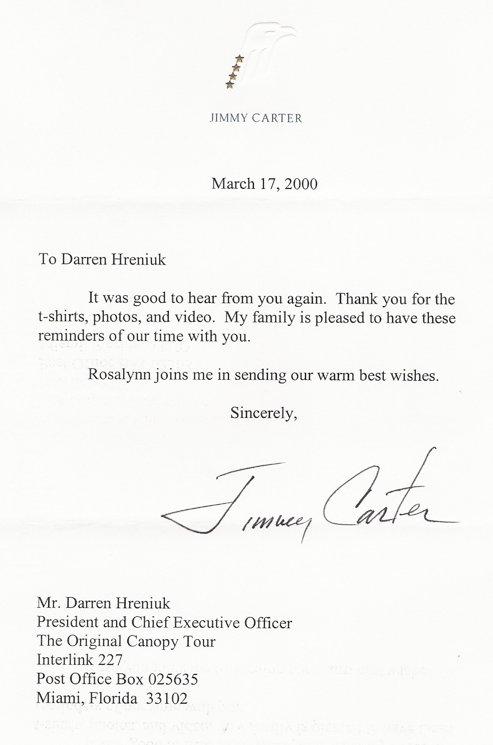 A Letter from President Jimmy Carter regarding The Original Canopy Tour