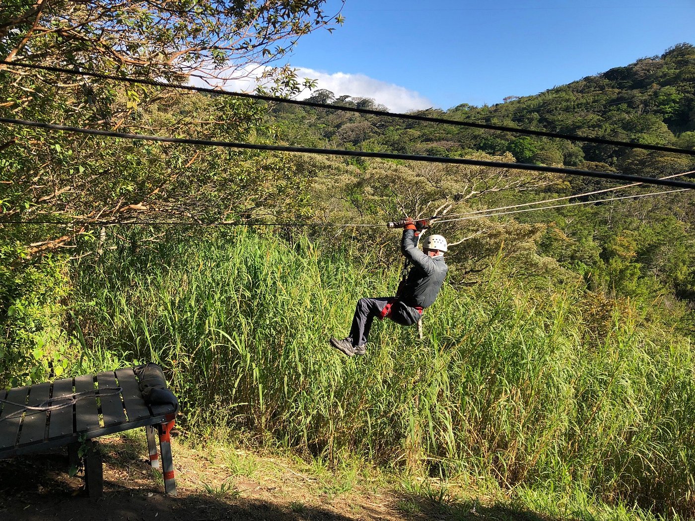 Person ziplining above tall grass in a lush mountain forest.